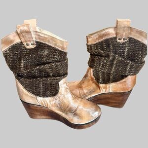 Bed Stu Bruges Knit Slouch Wedge Boots - Tan Rustic Leather -8.5 w BOX - Flaw